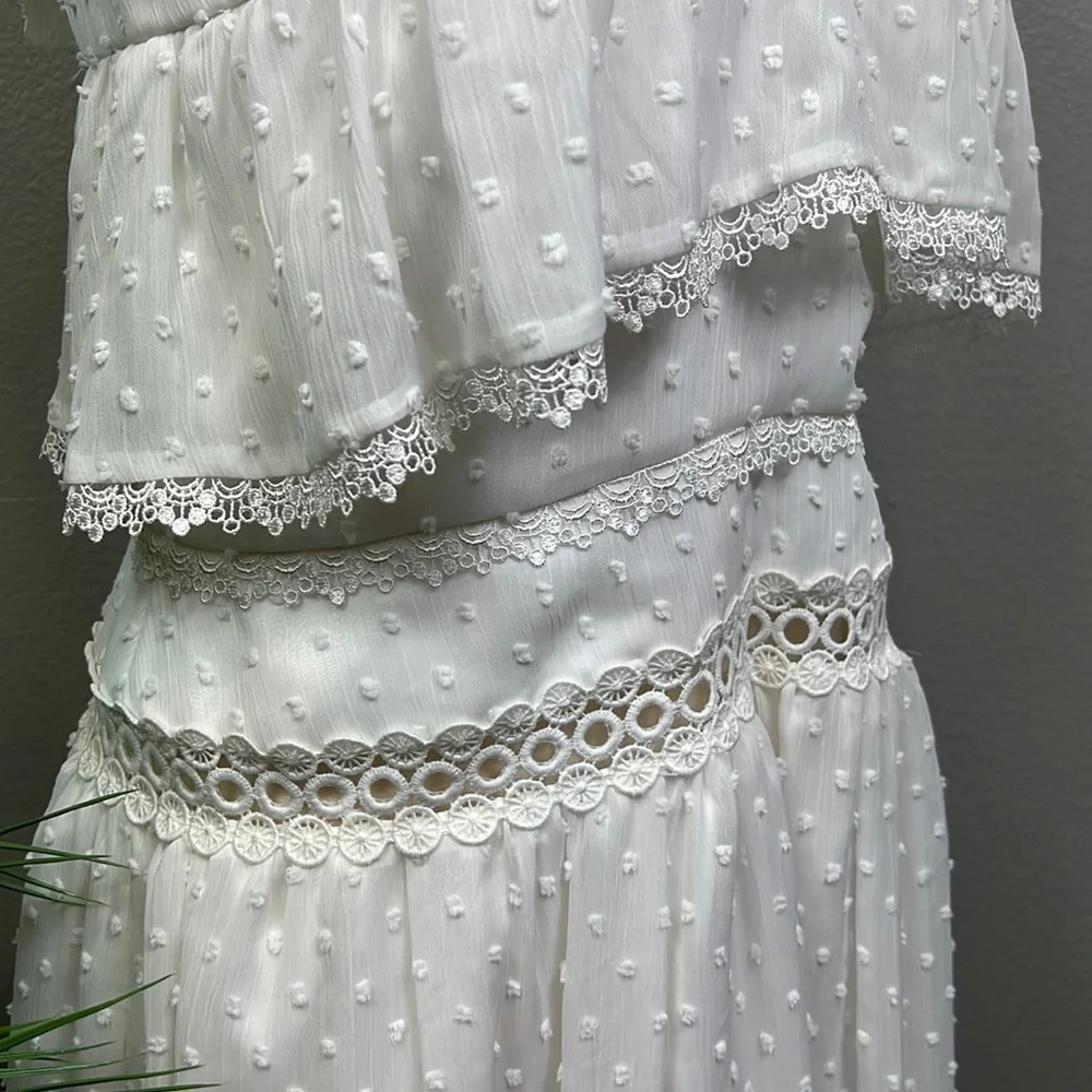 NWT Monique Lhullier White Midi Dress Eyelet Blouson Raised Polka Dots Lace 6 - Picture 9 of 13